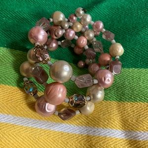 Vintage pearl, Crystal and quartz wire bracelet for 6.5-7” wrist